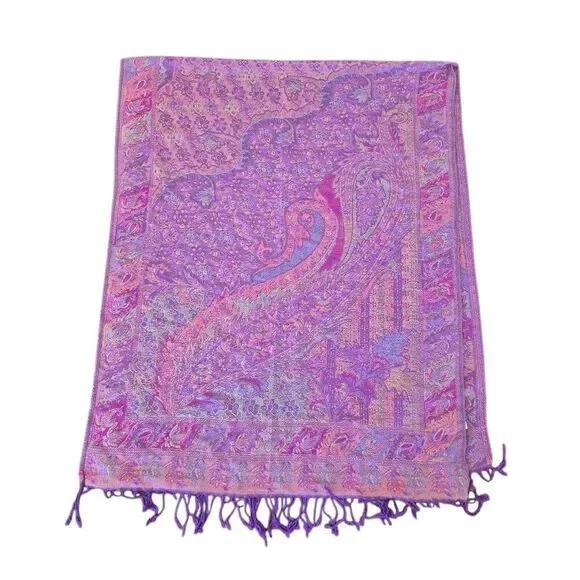 Pashmina Magenta 100% Cashmere Scarf w Fringe - Picture 3 of 7